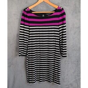 White House Black Market Shift Dress Sz S Black White Pink Striped 3/4 Sleeve
